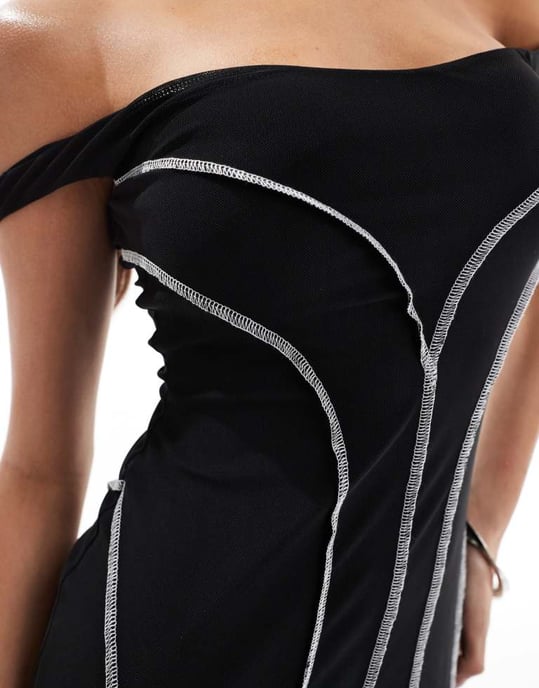 ASOS DESIGN bardot maxiklänning med kontrasterande exponerade sömmar i svart - Image 3