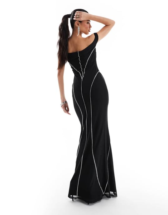 ASOS DESIGN bardot maxiklänning med kontrasterande exponerade sömmar i svart - Image 4
