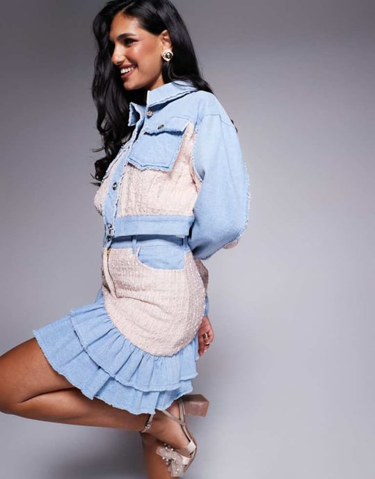 ASOS LUXE boucle mix co-ord denim ruffle mini skirt in mid wash blue - Image 2