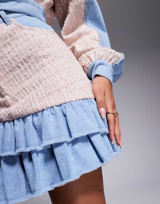 ASOS LUXE boucle mix co-ord denim ruffle mini skirt in mid wash blue - Image 3