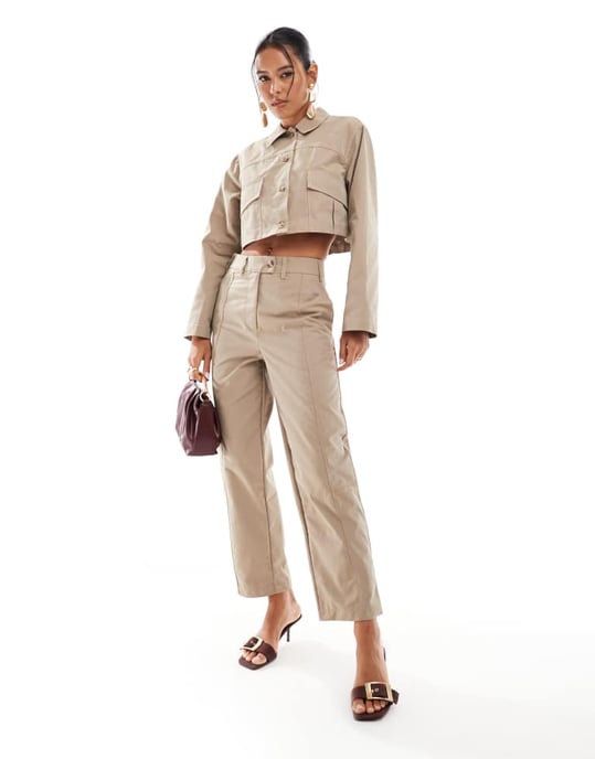 ASOS DESIGN clean front barrel trousers co-ord in stone - Image 3
