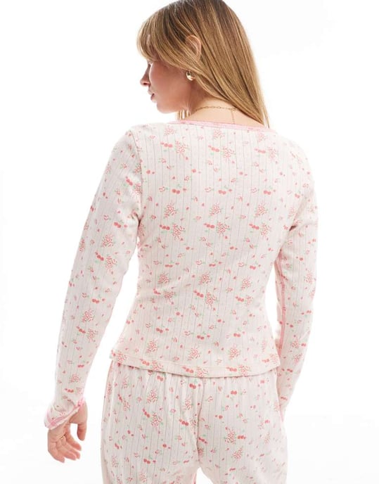 ASOS DESIGN mix & match ditsy rosetttryck punktstickad pyjamascardigan i rosa - Image 3