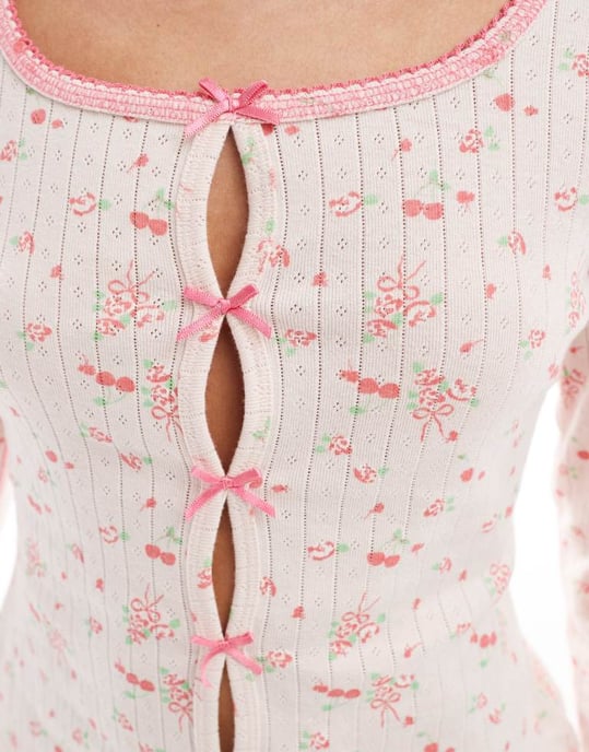 ASOS DESIGN mix & match ditsy rosetttryck punktstickad pyjamascardigan i rosa - Image 4