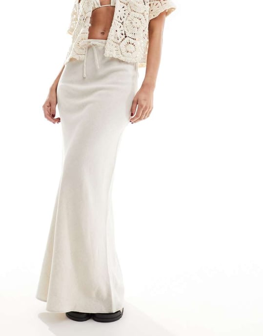 ASOS DESIGN linen look tie waist bias maxi skirt in natural - Image 3