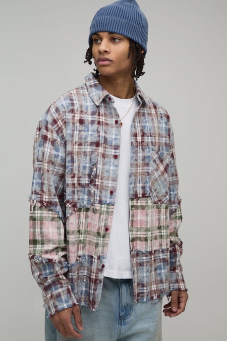Oversized Boxy Distressed Spliced Check Shirt - Image 1