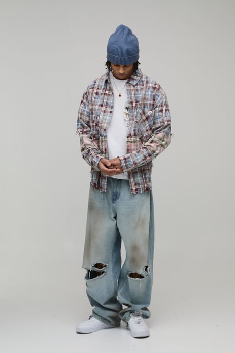Oversized Boxy Distressed Spliced Check Shirt - Image 4