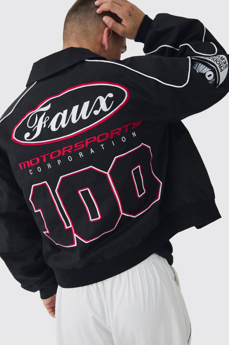 Boxy Badge Twill Moto Jacket In Black - Image 3