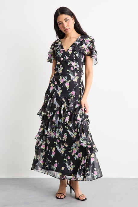 Flutter Sleeve Floral Print Frill Detail Maxi Dress - Image 1