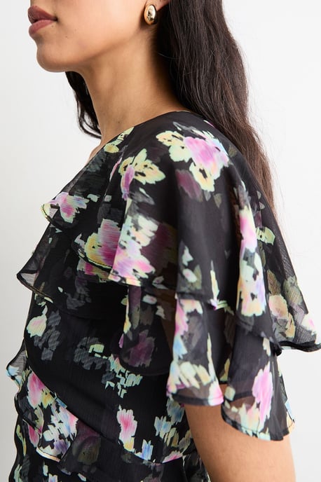 Flutter Sleeve Floral Print Frill Detail Maxi Dress - Image 2
