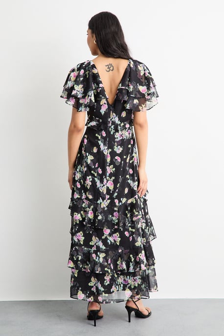 Flutter Sleeve Floral Print Frill Detail Maxi Dress - Image 3