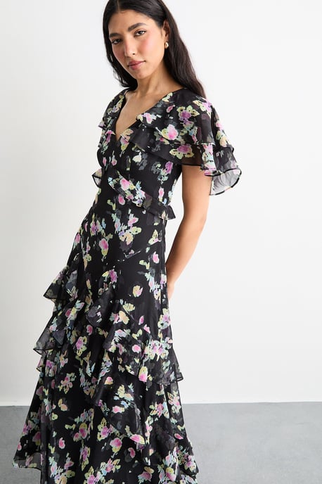 Flutter Sleeve Floral Print Frill Detail Maxi Dress - Image 4
