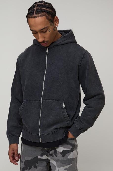 Essential Washed Boxy Zip Through Hoodie - Image 1
