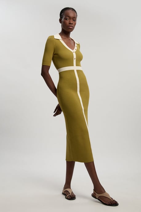Knit Rib With Contrast Waist Detail Collared Short Sleeve Midi Dress - Image 1