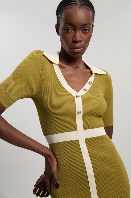Knit Rib With Contrast Waist Detail Collared Short Sleeve Midi Dress - Image 2