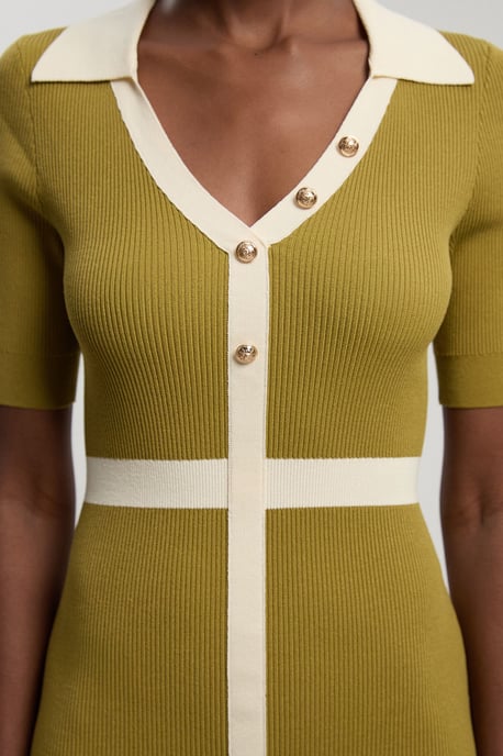 Knit Rib With Contrast Waist Detail Collared Short Sleeve Midi Dress - Image 3