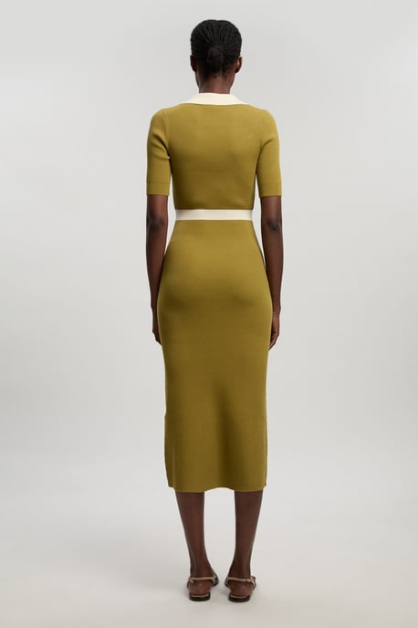 Knit Rib With Contrast Waist Detail Collared Short Sleeve Midi Dress - Image 4