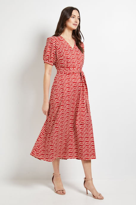 Pleated Sleeve Belted Midi Dress - Image 1