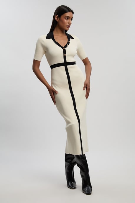 Knit Rib With Contrast Waist Detail Collared Short Sleeve Midi Dress - Image 2