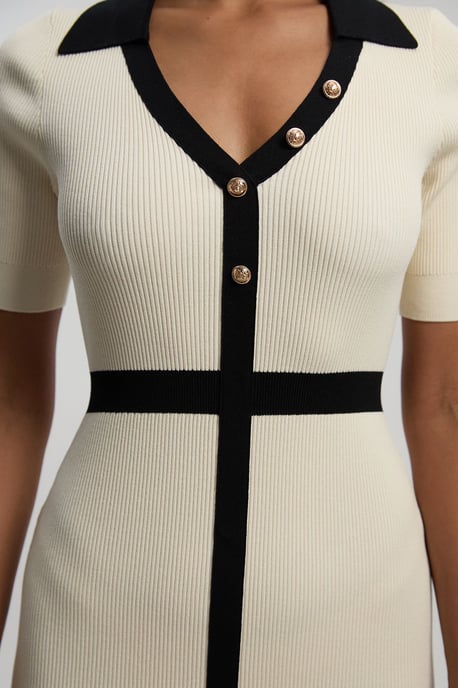 Knit Rib With Contrast Waist Detail Collared Short Sleeve Midi Dress - Image 3