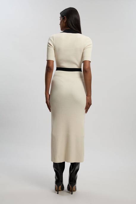 Knit Rib With Contrast Waist Detail Collared Short Sleeve Midi Dress - Image 4