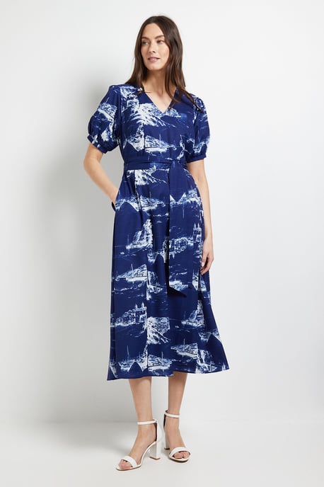 Pleated Sleeve Belted Midi Dress - Image 1