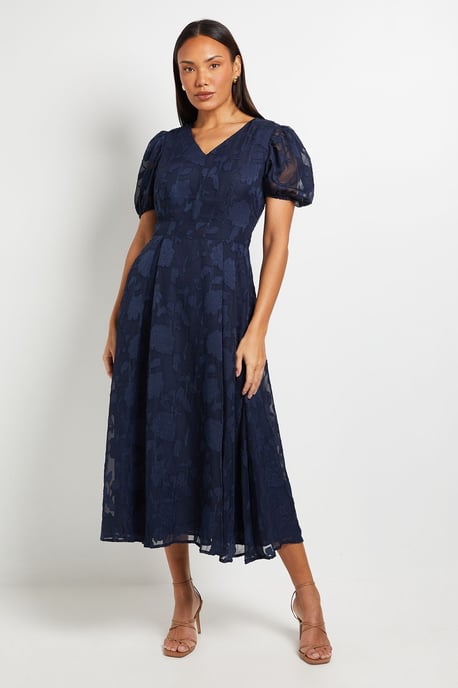 Floral Jacquard Puff Sleeve Midi Dress - Image 1