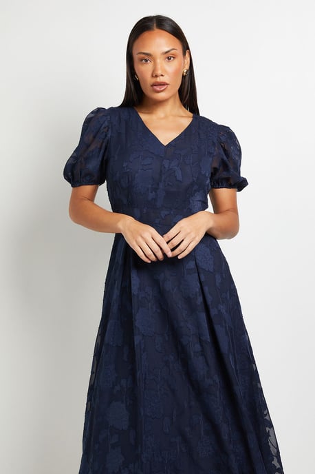Floral Jacquard Puff Sleeve Midi Dress - Image 2