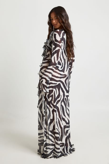 Zebra Print Ruffle Detail Mesh Maxi Beach Kimono - Image 2