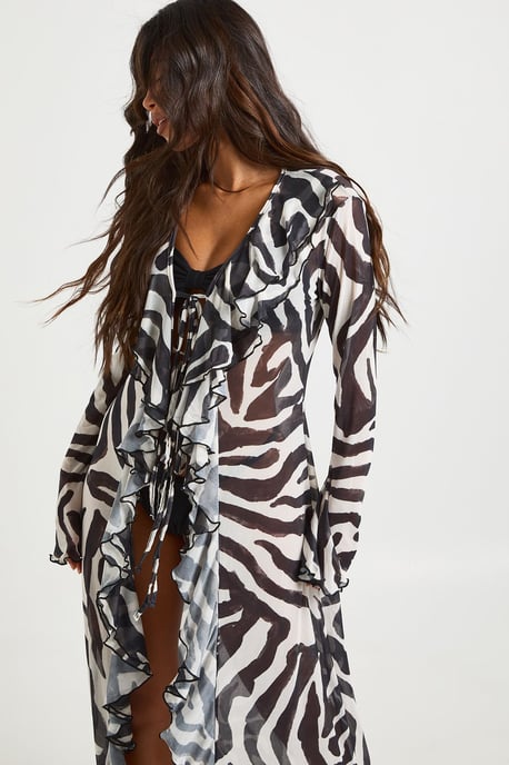 Zebra Print Ruffle Detail Mesh Maxi Beach Kimono - Image 3