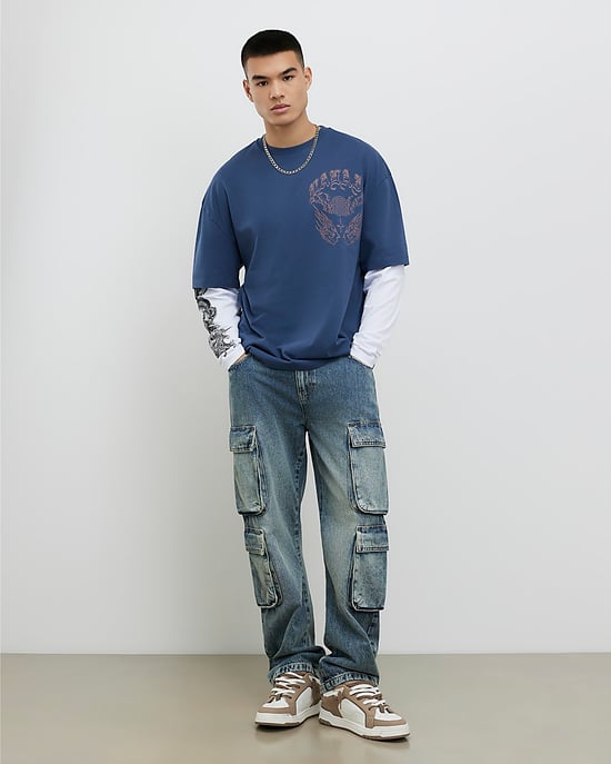 River Island Mens T-Shirt Blue Japanese Double Layered - Image 1