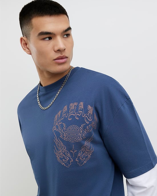 River Island Mens T-Shirt Blue Japanese Double Layered - Image 3