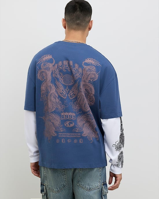 River Island Mens T-Shirt Blue Japanese Double Layered - Image 4