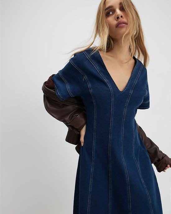 River Island Womens Midi Dress Blue Denim Short Sleeve Seamed - Image 3