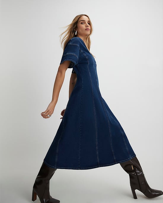 River Island Womens Midi Dress Blue Denim Short Sleeve Seamed - Image 4