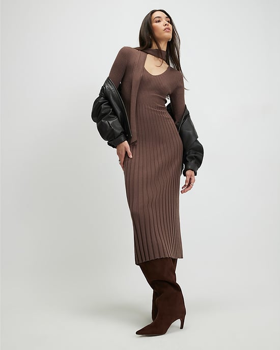 River Island Womens Midi Dress Brown Knitted Long Sleeve Tie Neck - Image 1