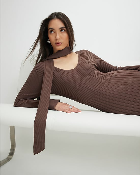 River Island Womens Midi Dress Brown Knitted Long Sleeve Tie Neck - Image 3