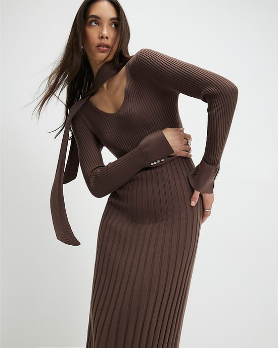 River Island Womens Midi Dress Brown Knitted Long Sleeve Tie Neck - Image 4