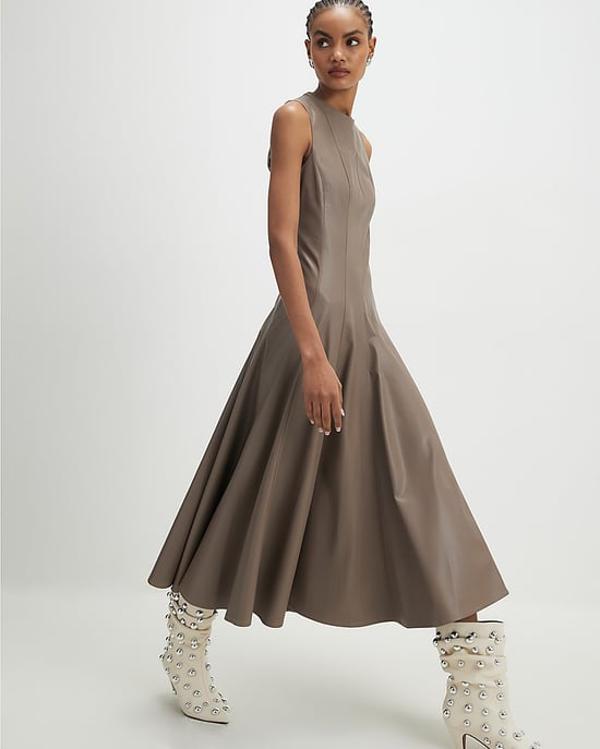 River Island Womens Midi Dress Stone Faux Leather Fitted Waist - Image 2