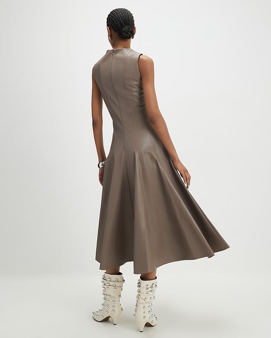 River Island Womens Midi Dress Stone Faux Leather Fitted Waist - Image 3