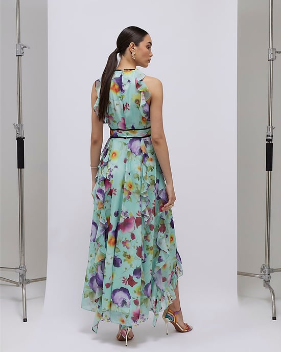 green dress with yellow collar Green Cotton Flax Mandarin Collar Floor Length Tier Dress 68