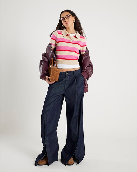 River Island Womens Polo Top Pink Knit Striped Short Sleeve - Image 4