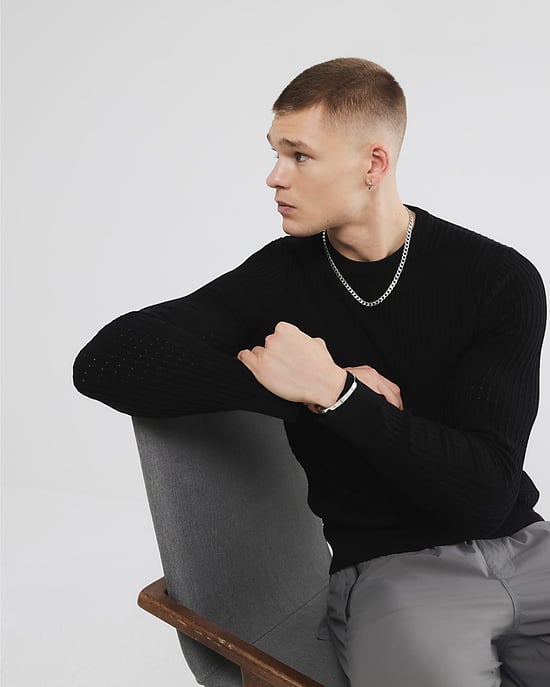 River Island Mens Jumper Black Muscle Fit Textured - Image 3