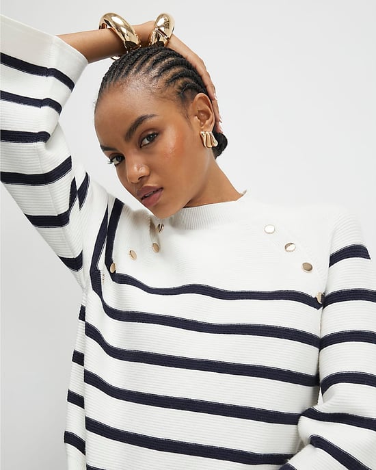 River Island Womens Jumper Cream Striped Ribbed Button - Image 1