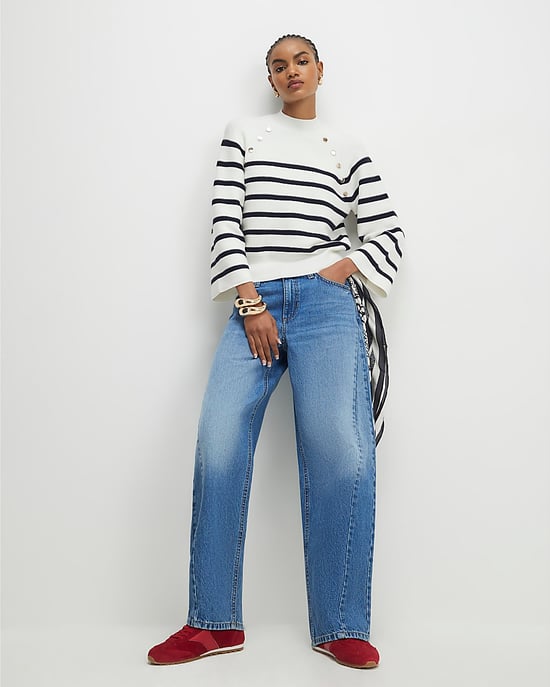 River Island Womens Jumper Cream Striped Ribbed Button - Image 4