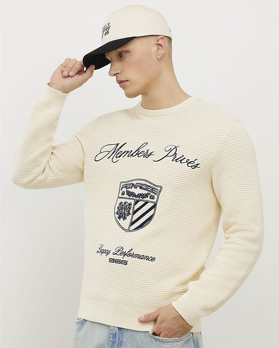 River Island Mens Jumper Cream Slim Fit Embroidered - Image 1