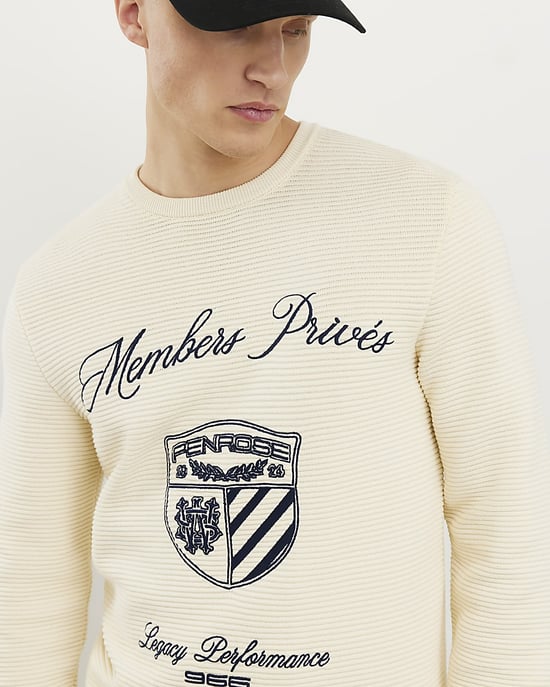 River Island Mens Jumper Cream Slim Fit Embroidered - Image 2