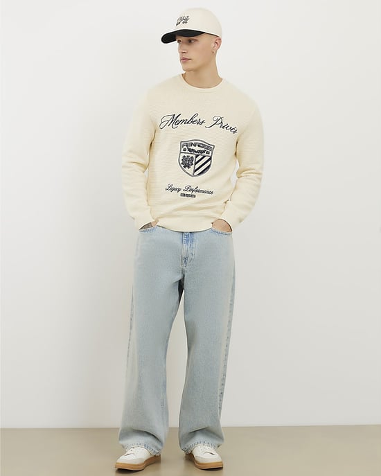 River Island Mens Jumper Cream Slim Fit Embroidered - Image 3