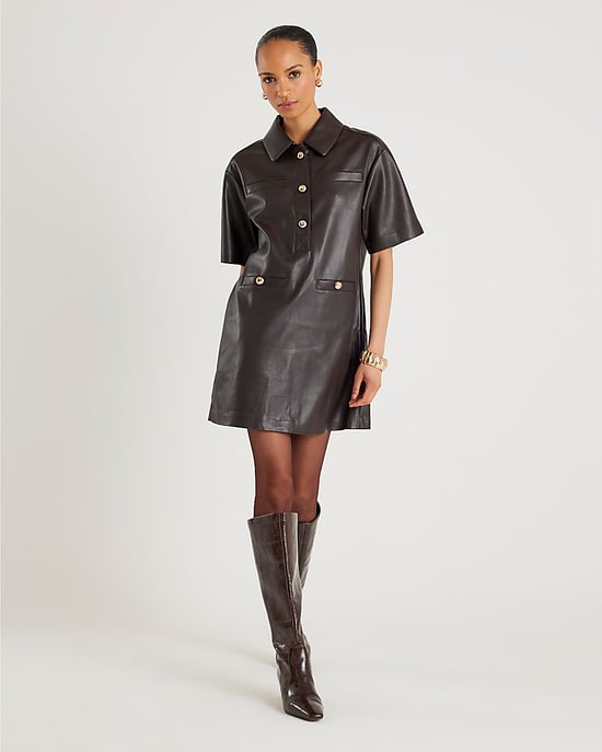 River Island Womens Shirt Dress Brown Faux Leather Pocket Detail - Image 4