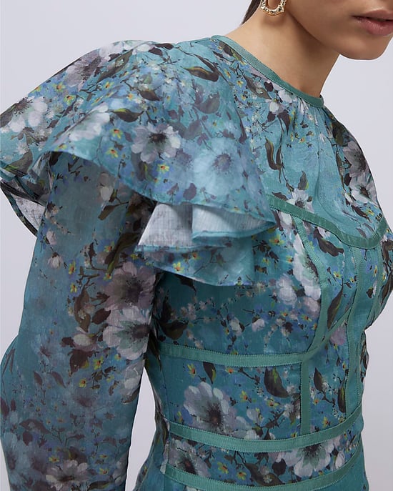 River Island Womens Mini Dress Blue Floral Ruffle - Image 2