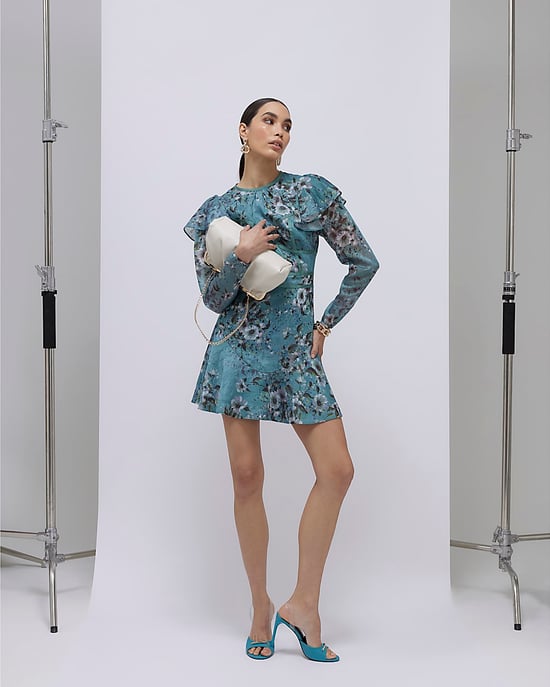 River Island Womens Mini Dress Blue Floral Ruffle - Image 4